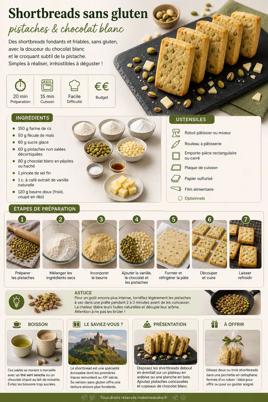 Fiche recette Shortbreads sans gluten : pistaches et chocolat blanc