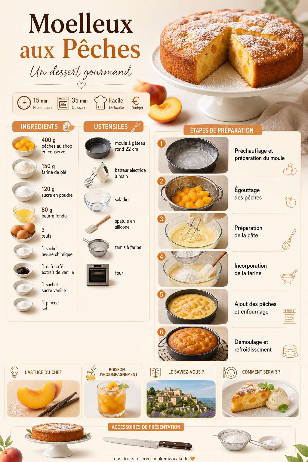Fiche recette Recette de moelleux aux p&ecirc;ches : un dessert gourmand