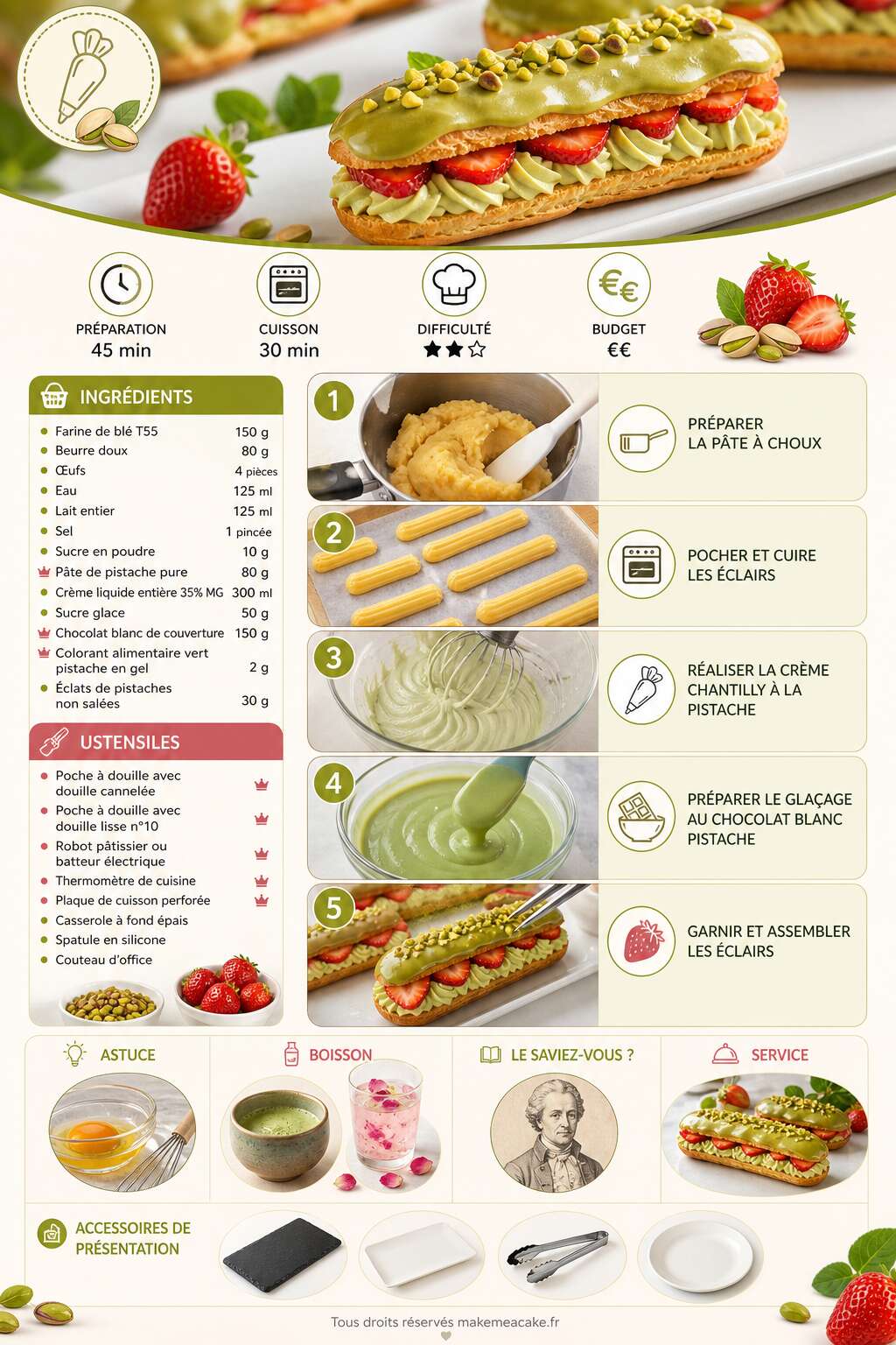 Fiche recette Éclair pistache fraises : recette gourmande Fiche recette Éclair pistache fraises : recette gourmande