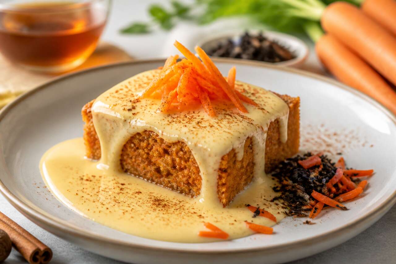 Crème anglaise au thé noir et gâteau de carottes