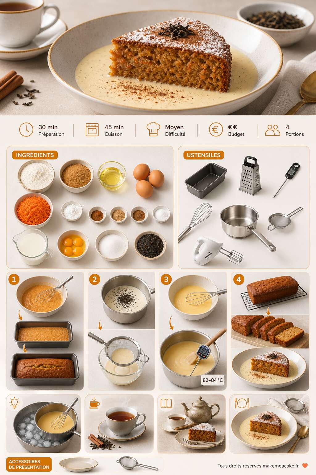 Fiche recette Crème anglaise au thé noir et gâteau de carottes Fiche recette Crème anglaise au thé noir et gâteau de carottes