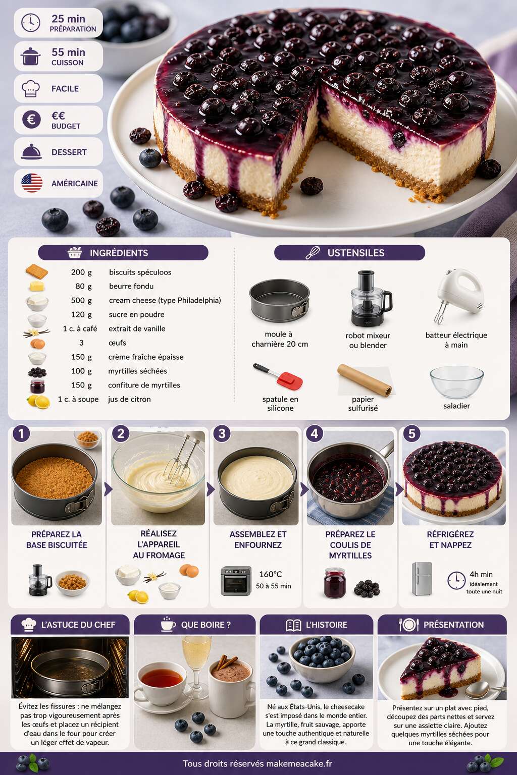 Fiche recette Recette de cheesecake aux myrtilles : un dessert gourmand et facile
