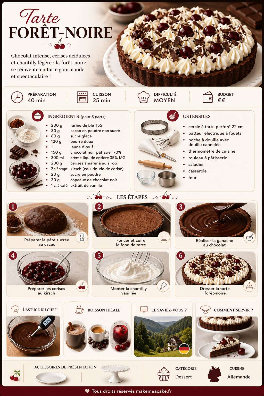 Fiche recette Recette de Tarte Forêt-Noire Fiche recette Recette de Tarte Forêt-Noire