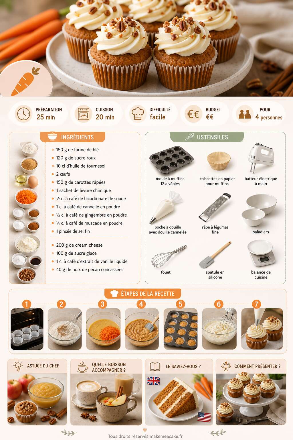 Fiche recette Cupcakes aux carottes : recette gourmande et facile Fiche recette Cupcakes aux carottes : recette gourmande et facile