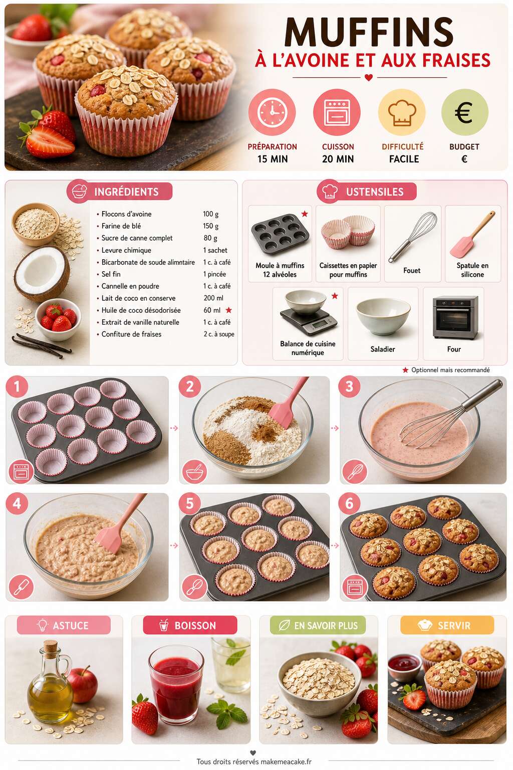 Fiche recette Muffins &agrave; l'avoine et aux fraises : recette d&eacute;licieuse et facile