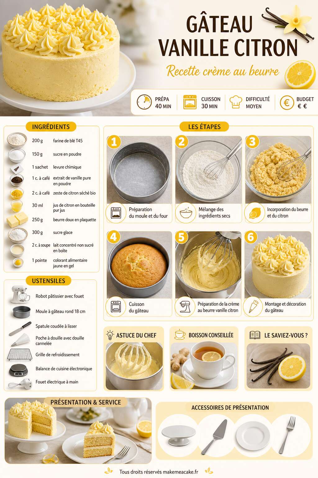 Fiche recette Gâteau vanille citron : recette crème au beurre Fiche recette Gâteau vanille citron : recette crème au beurre