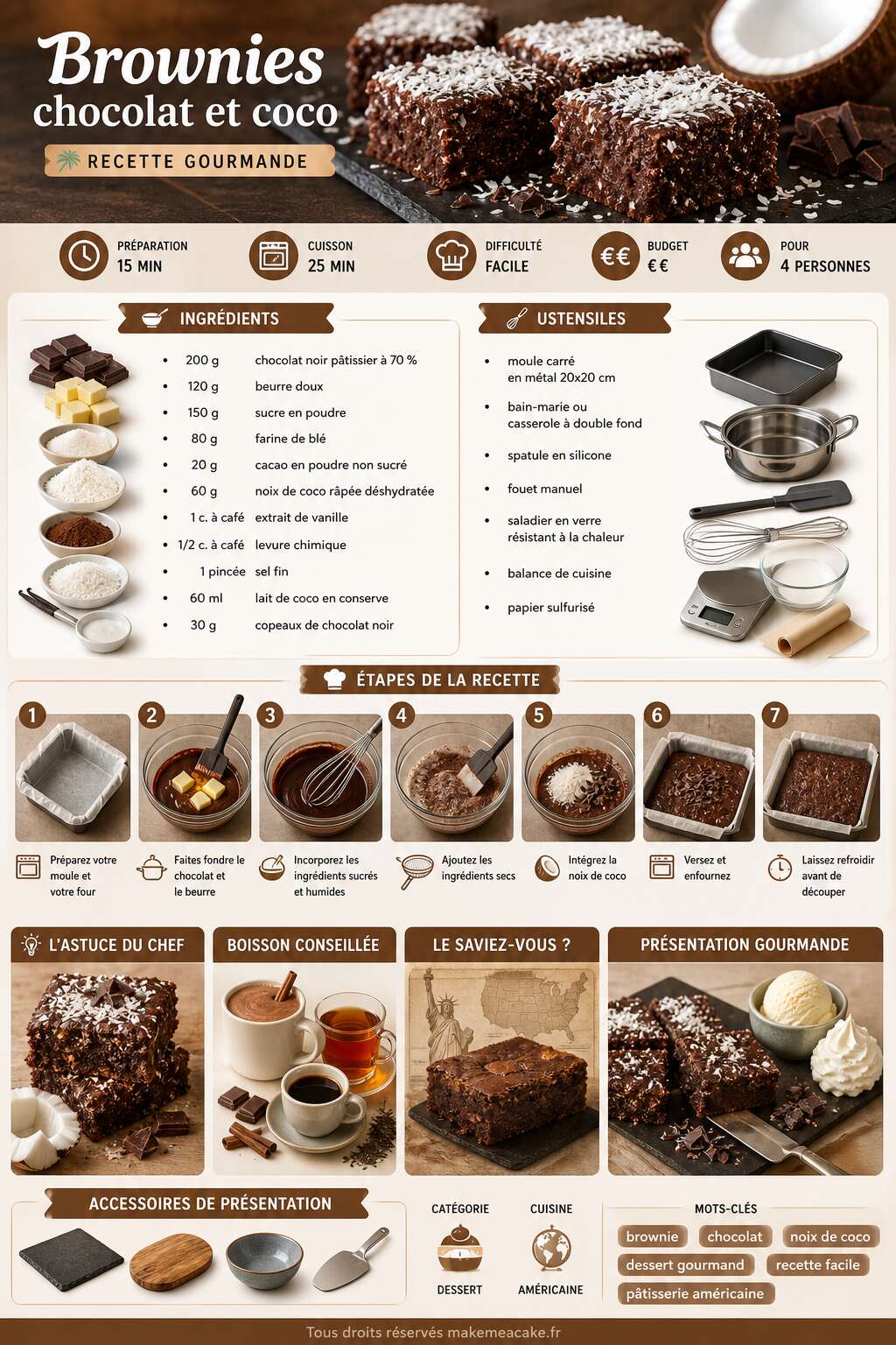 Fiche recette Brownies chocolat et coco : recette gourmande