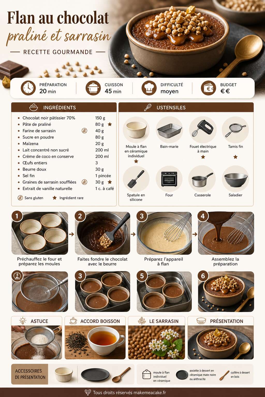 Fiche recette Flan au chocolat praliné et sarrasin : recette gourmande Fiche recette Flan au chocolat praliné et sarrasin : recette gourmande