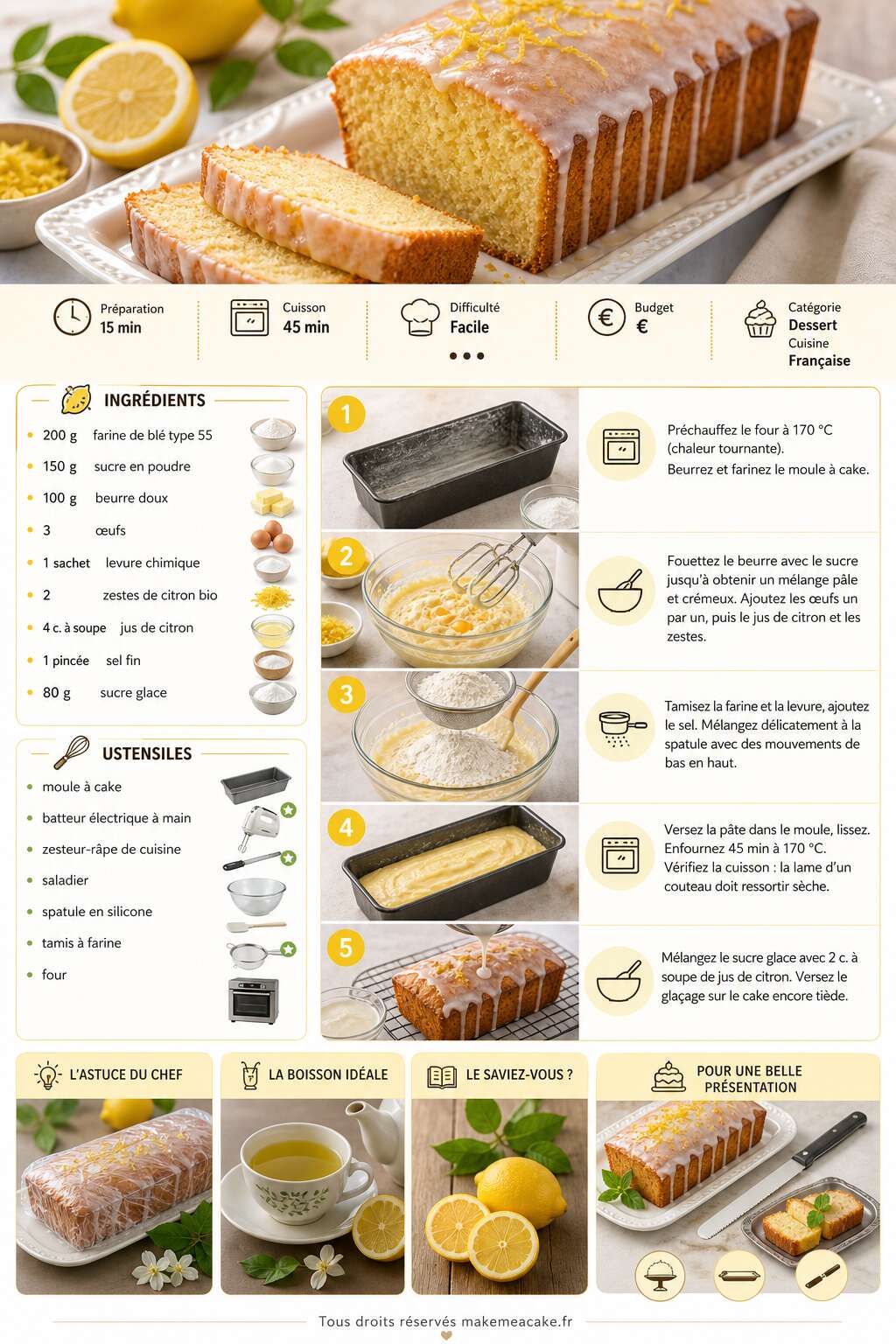 Fiche recette Cake au citron : recette facile et savoureuse Fiche recette Cake au citron : recette facile et savoureuse