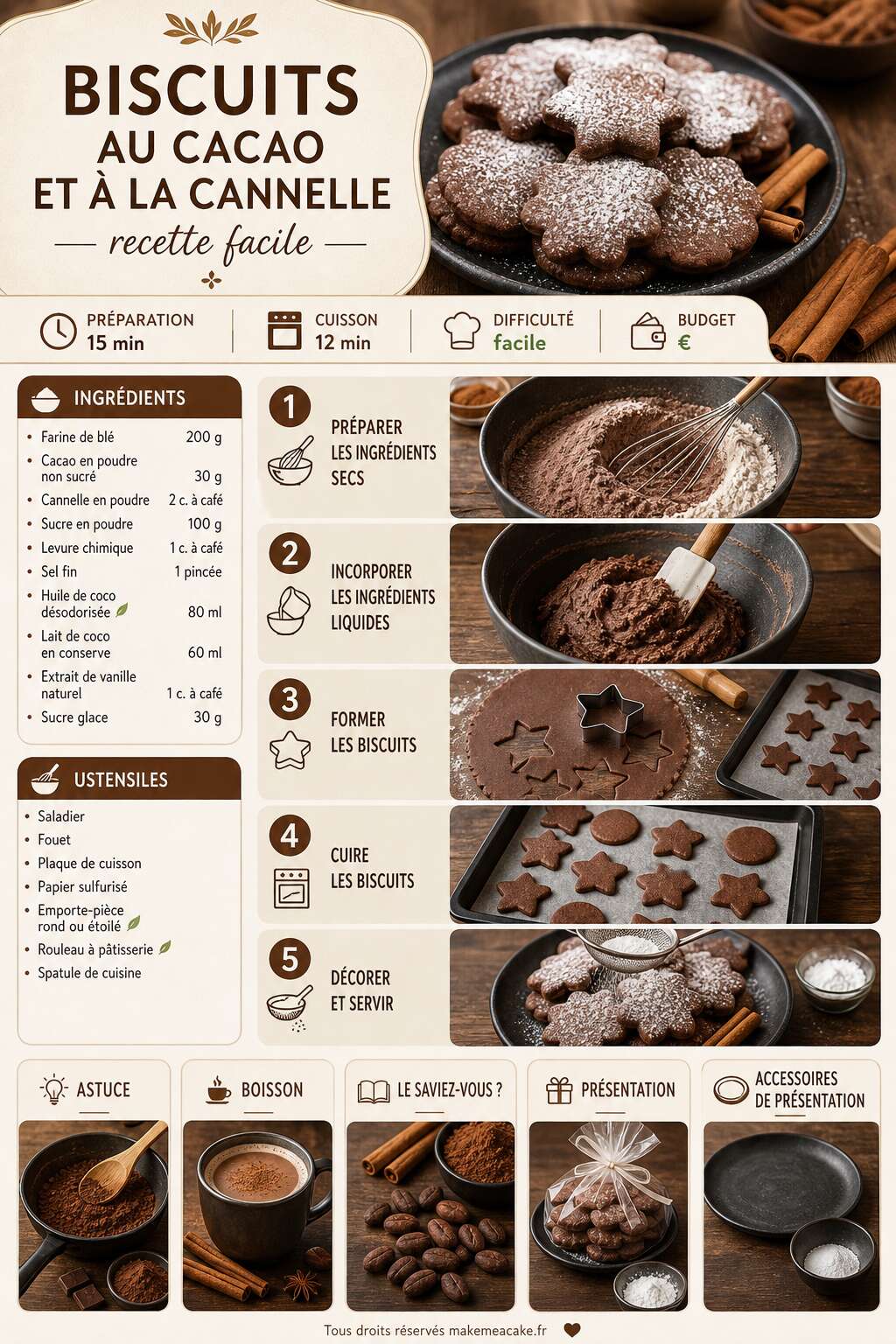 Fiche recette Biscuits au cacao et à la cannelle : recette facile Fiche recette Biscuits au cacao et à la cannelle : recette facile