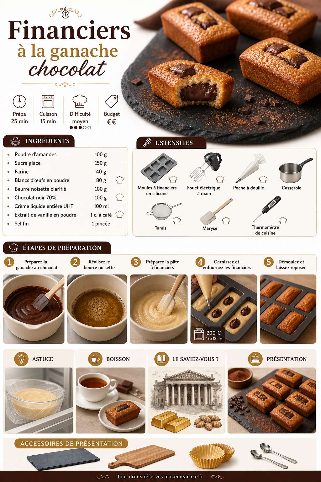Fiche recette Recette de financiers à la ganache chocolat Fiche recette Recette de financiers à la ganache chocolat