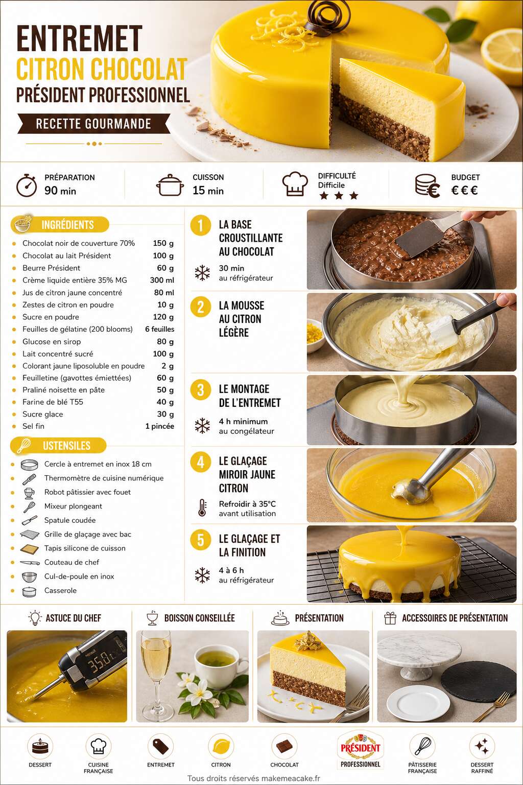 Fiche recette Entremet citron chocolat Président professionnel : recette gourmande Fiche recette Entremet citron chocolat Président professionnel : recette gourmande