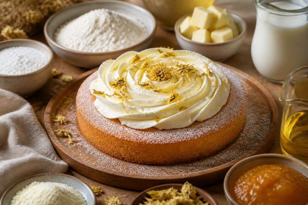 Gâteau à la confiture de mangues et chantilly à la fleur de chrysanthème