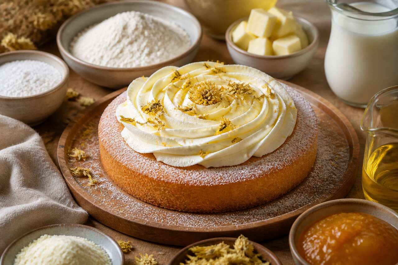 Gâteau à la confiture de mangues et chantilly à la fleur de chrysanthème