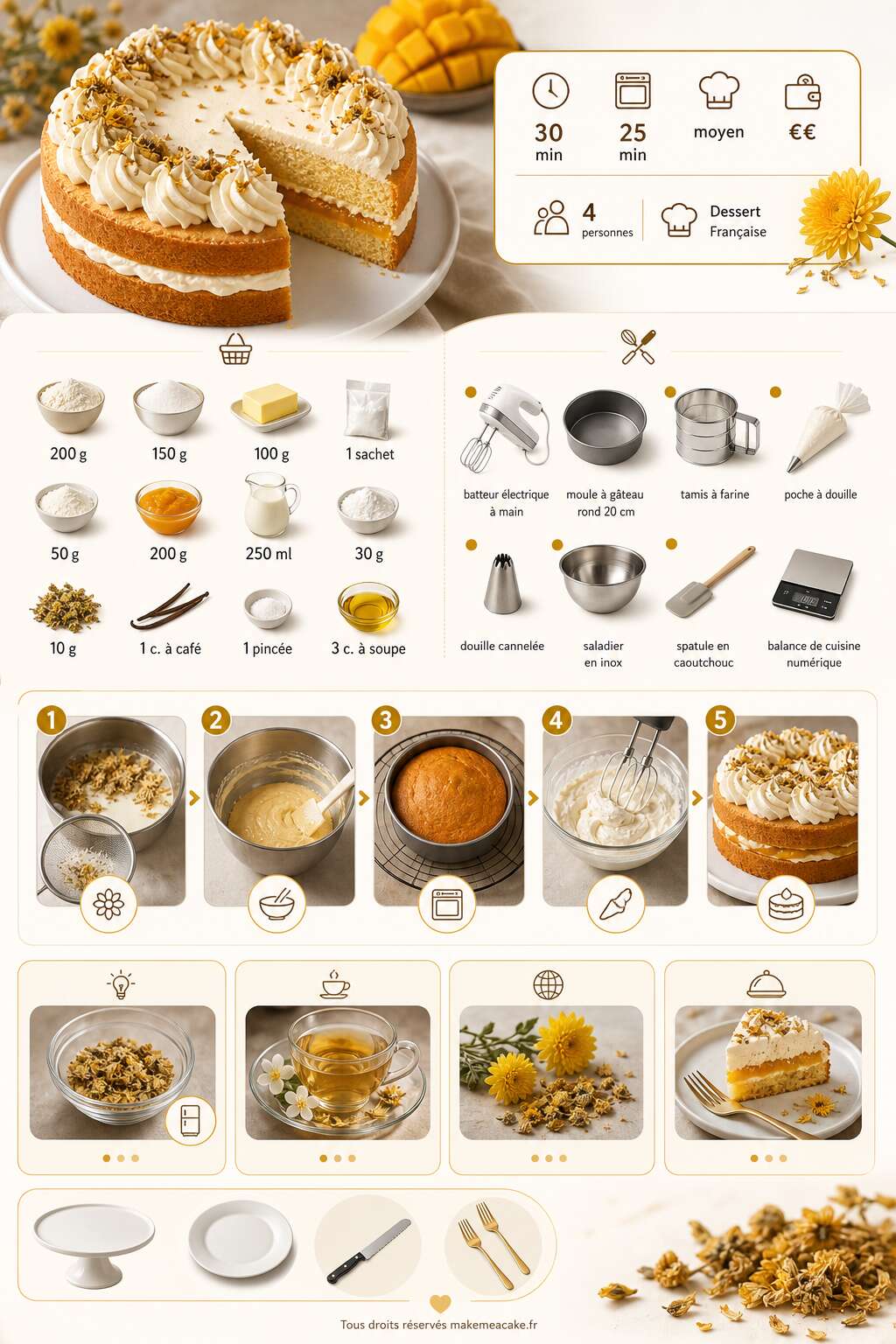Fiche recette G&acirc;teau &agrave; la confiture de mangues et chantilly &agrave; la fleur de chrysanth&egrave;me