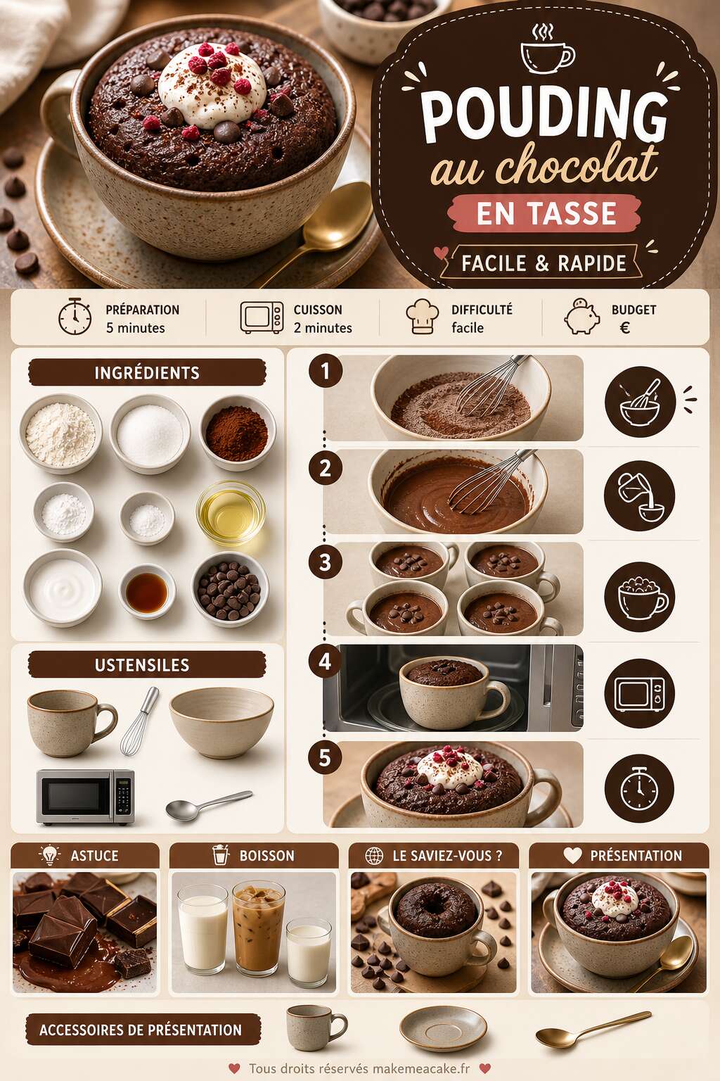 Fiche recette Pouding au chocolat en tasse facile et rapide Fiche recette Pouding au chocolat en tasse facile et rapide