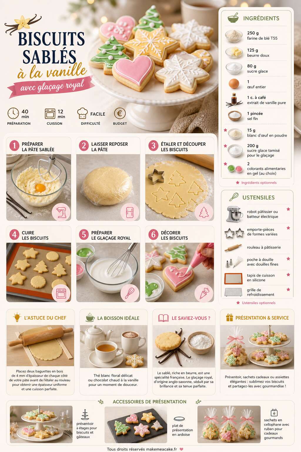 Fiche recette Biscuits sablés à la vanille : recette avec glaçage royal Fiche recette Biscuits sablés à la vanille : recette avec glaçage royal