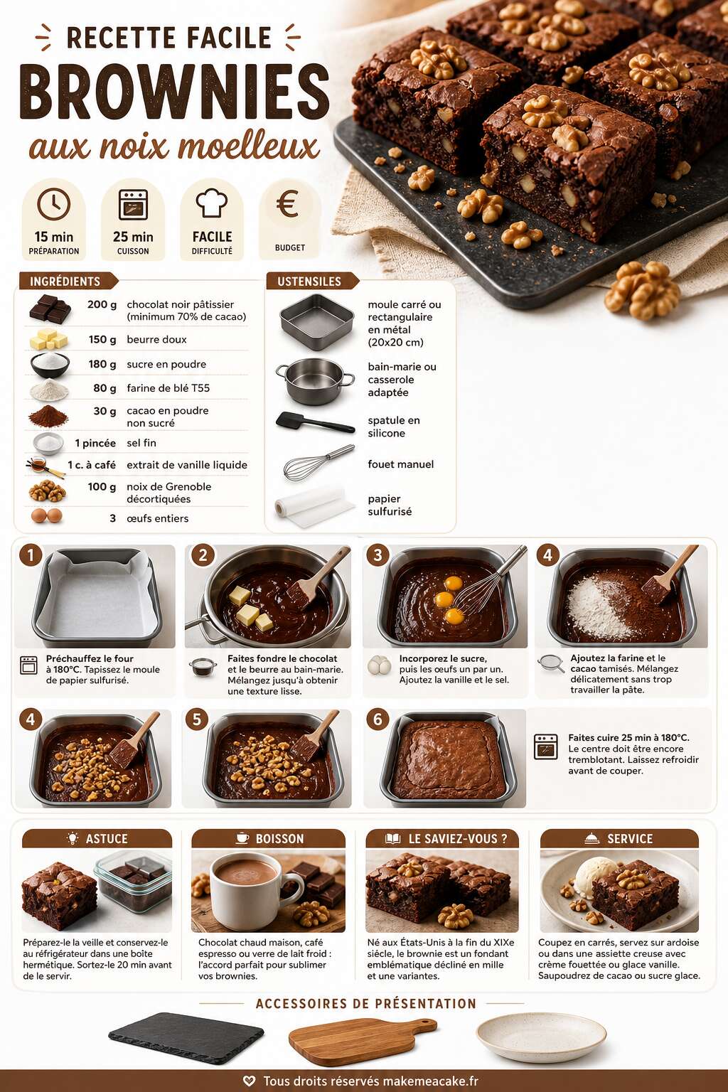 Fiche recette Recette facile : brownies aux noix moelleux Fiche recette Recette facile : brownies aux noix moelleux