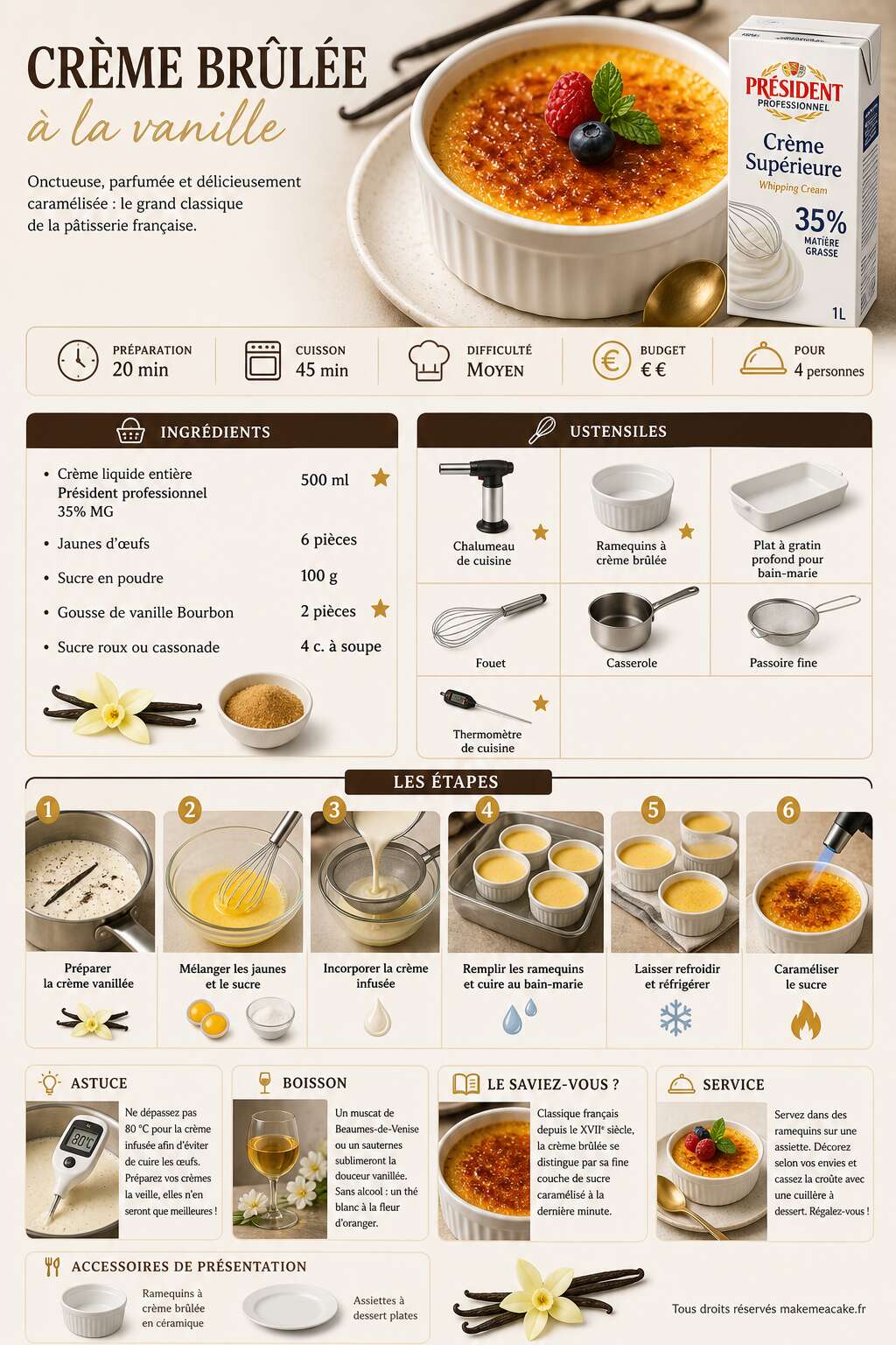 Fiche recette Recette crème brûlée à la vanille Président professionnel Fiche recette Recette crème brûlée à la vanille Président professionnel