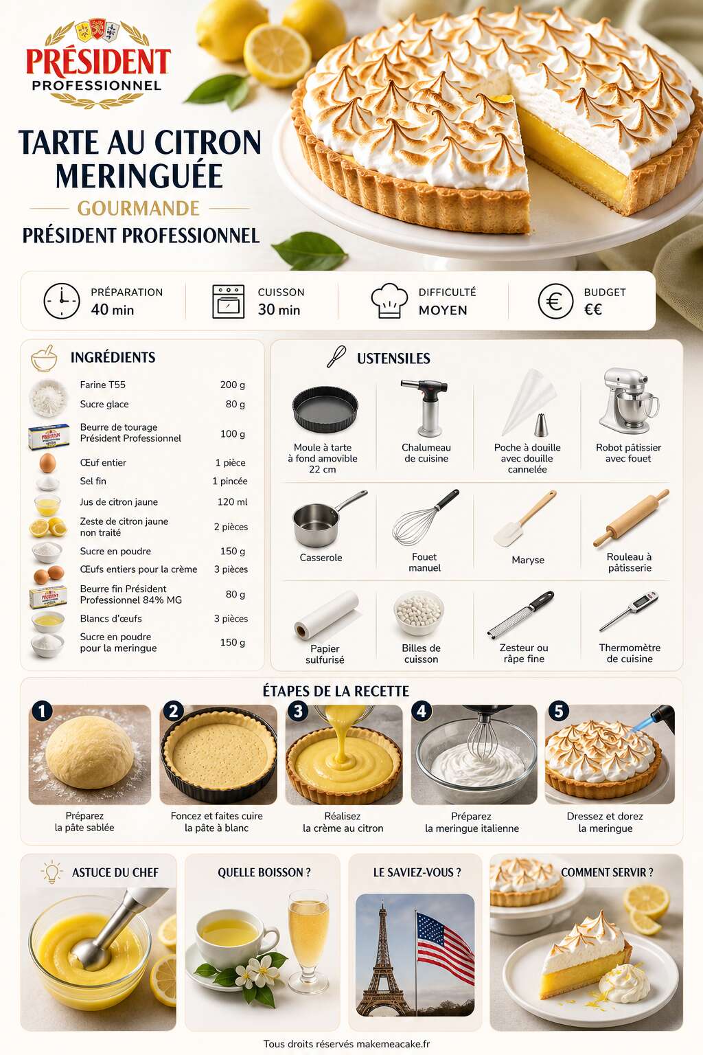 Fiche recette Tarte au citron meringu&eacute;e gourmande Pr&eacute;sident Professionnel