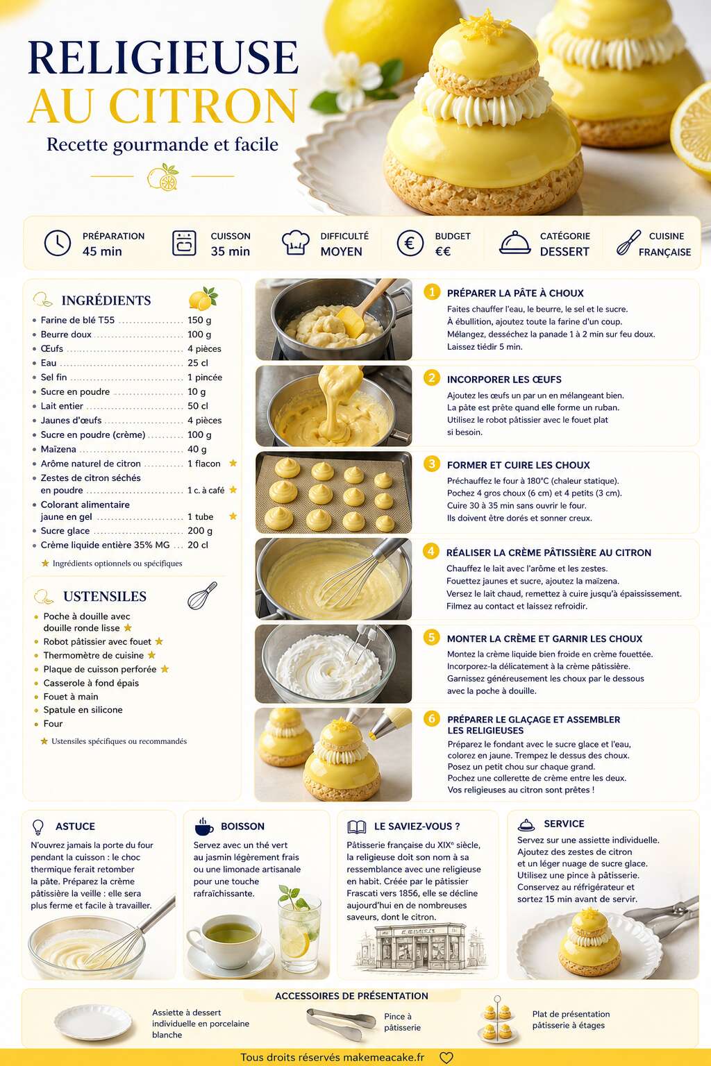Fiche recette Religieuse au citron : recette gourmande et facile Fiche recette Religieuse au citron : recette gourmande et facile