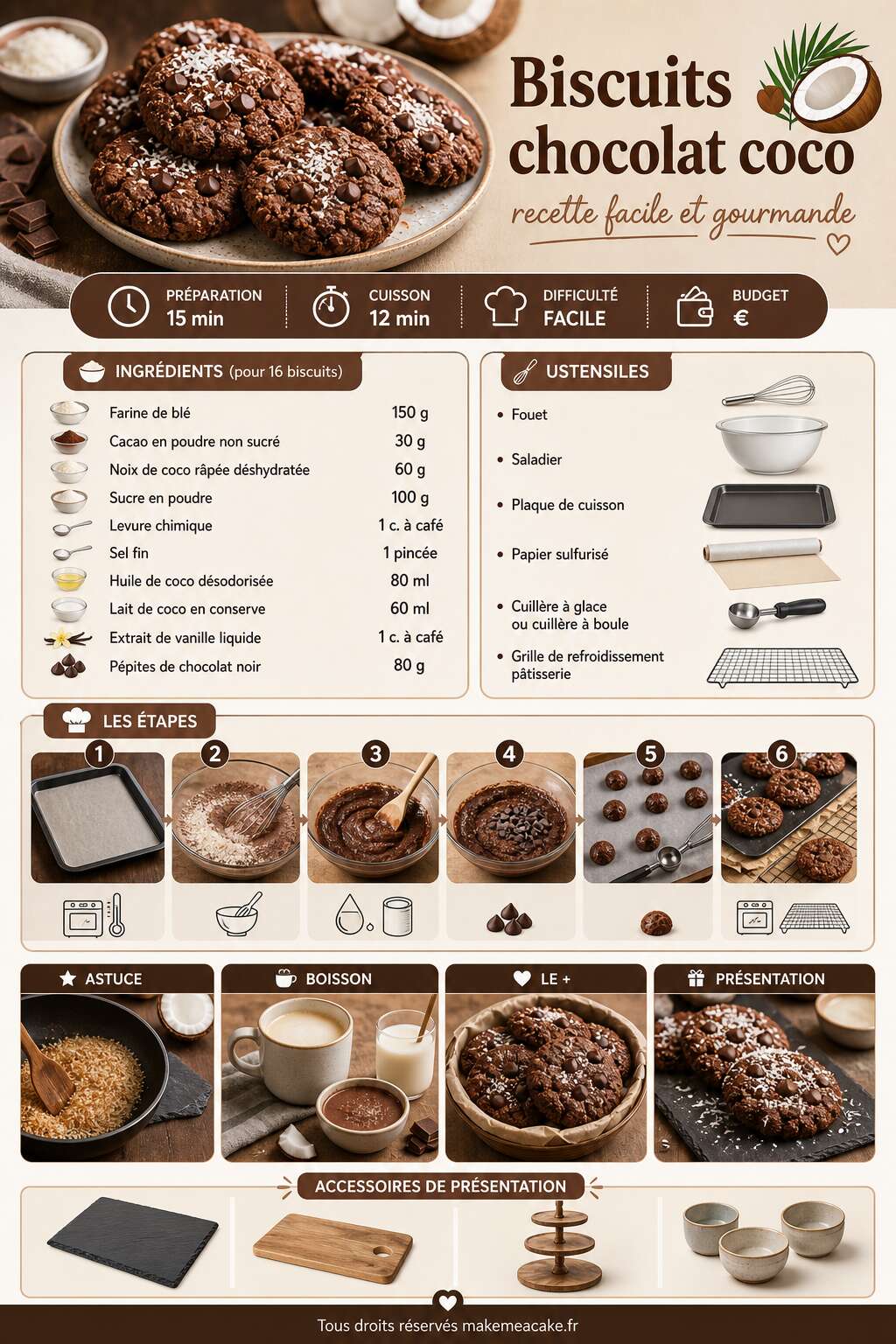 Fiche recette Biscuits chocolat coco : recette facile et gourmande Fiche recette Biscuits chocolat coco : recette facile et gourmande