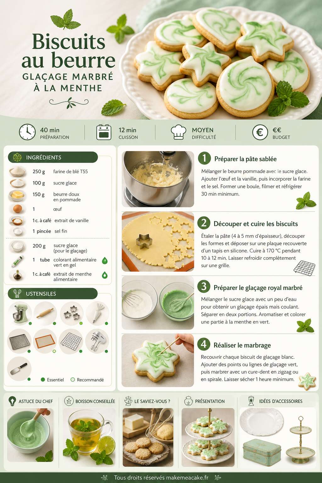 Fiche recette Biscuits au beurre : glaçage marbré à la menthe Fiche recette Biscuits au beurre : glaçage marbré à la menthe