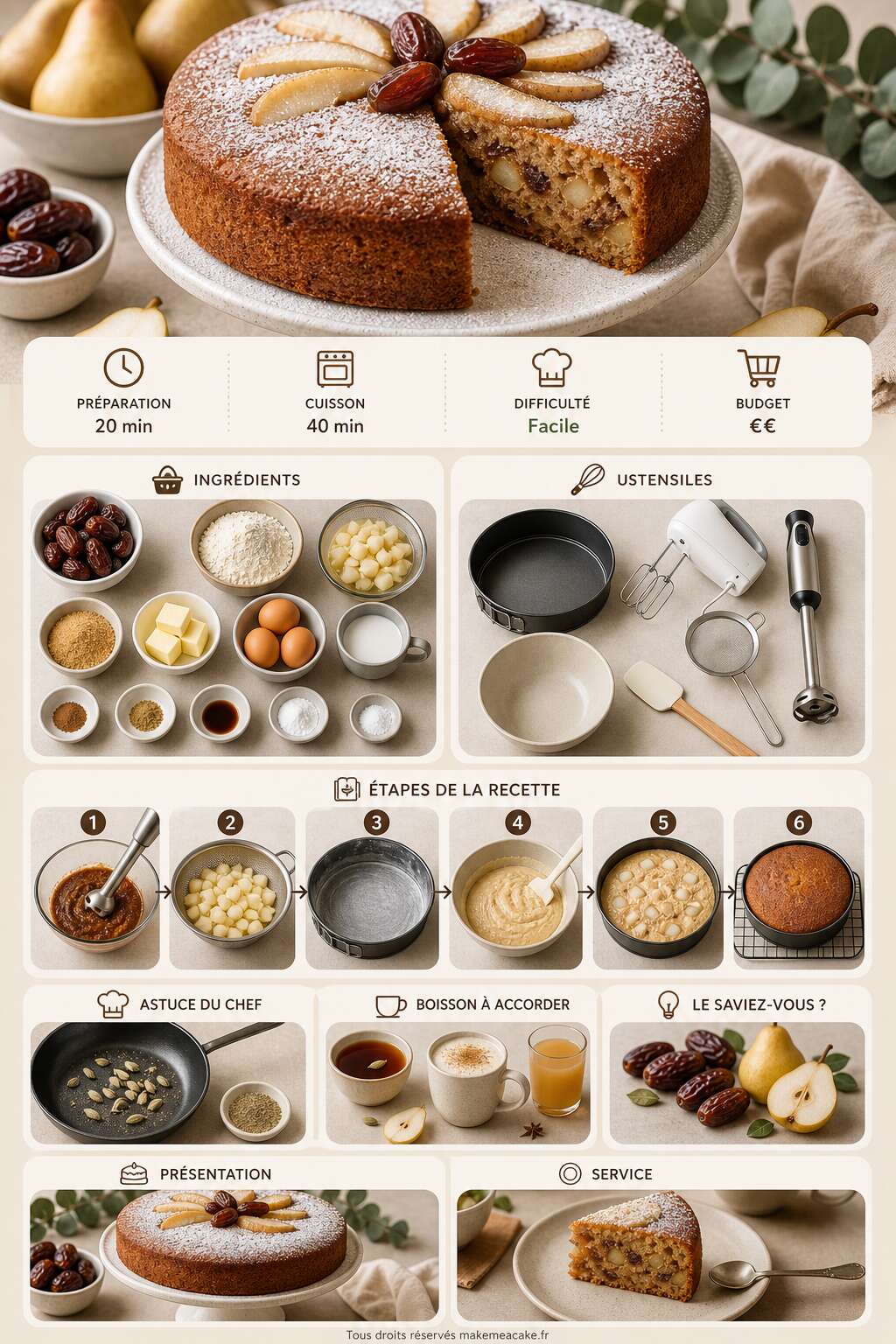 Fiche recette Gâteau aux dattes et poires : recette délicieuse Fiche recette Gâteau aux dattes et poires : recette délicieuse