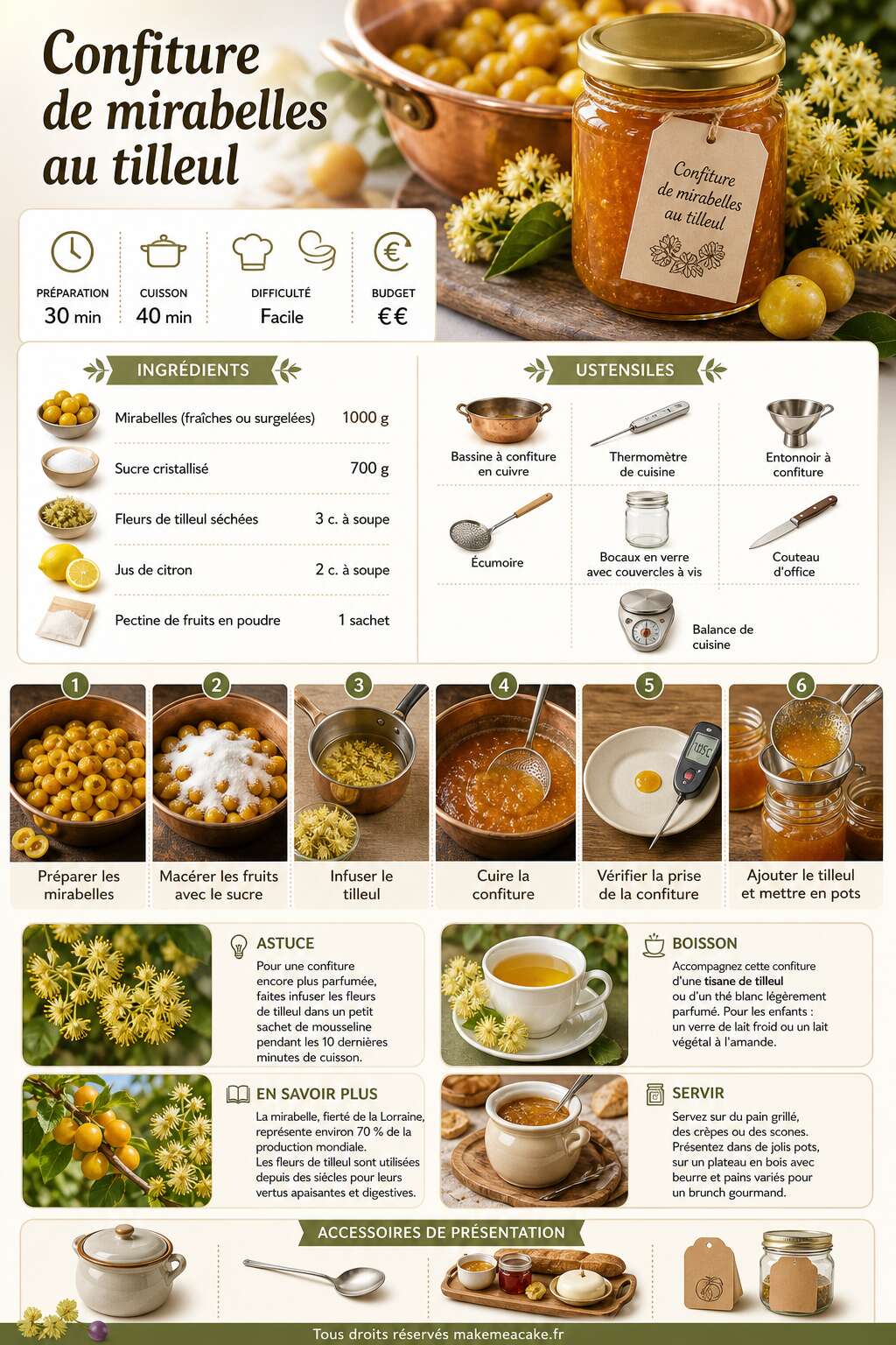 Fiche recette Confiture de mirabelles au tilleul : recette savoureuse