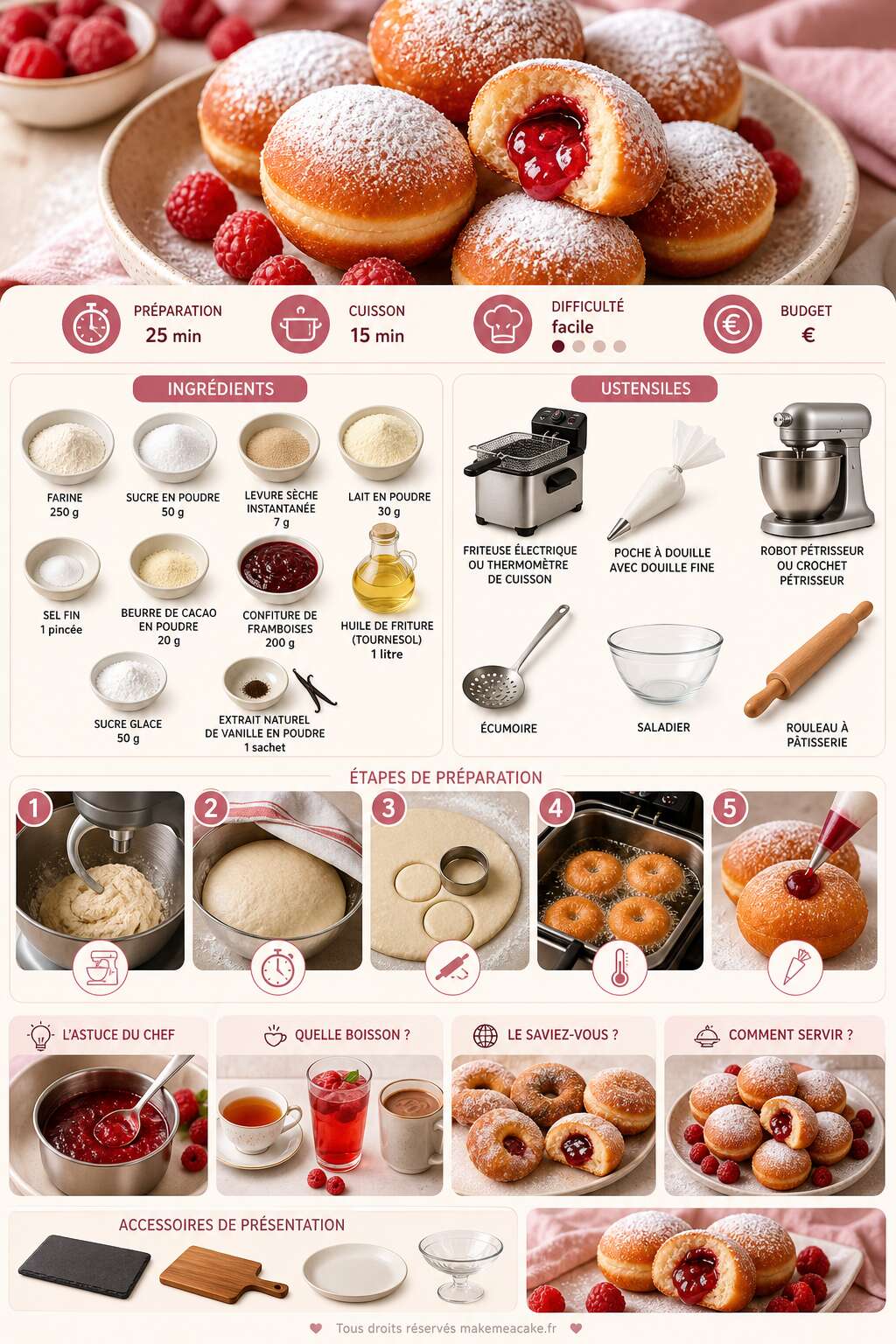 Fiche recette Beignets à la framboise délicieux - Recette facile Fiche recette Beignets à la framboise délicieux - Recette facile