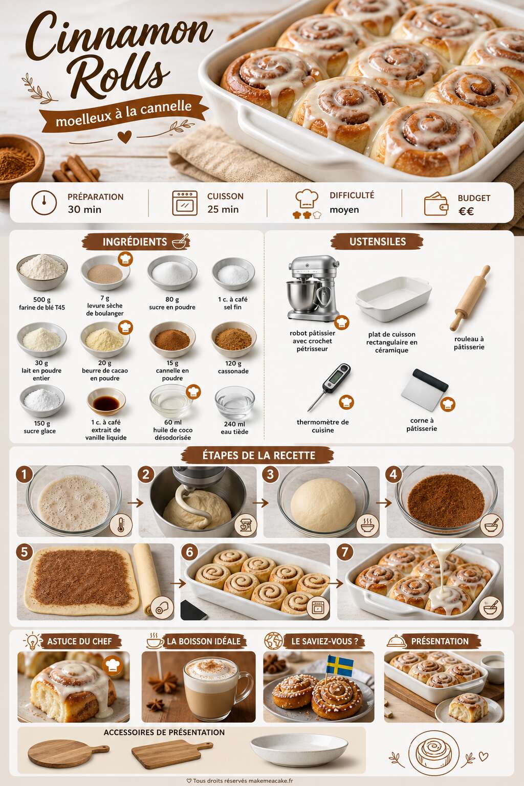 Fiche recette Recette de cinnamon rolls moelleux &agrave; la cannelle