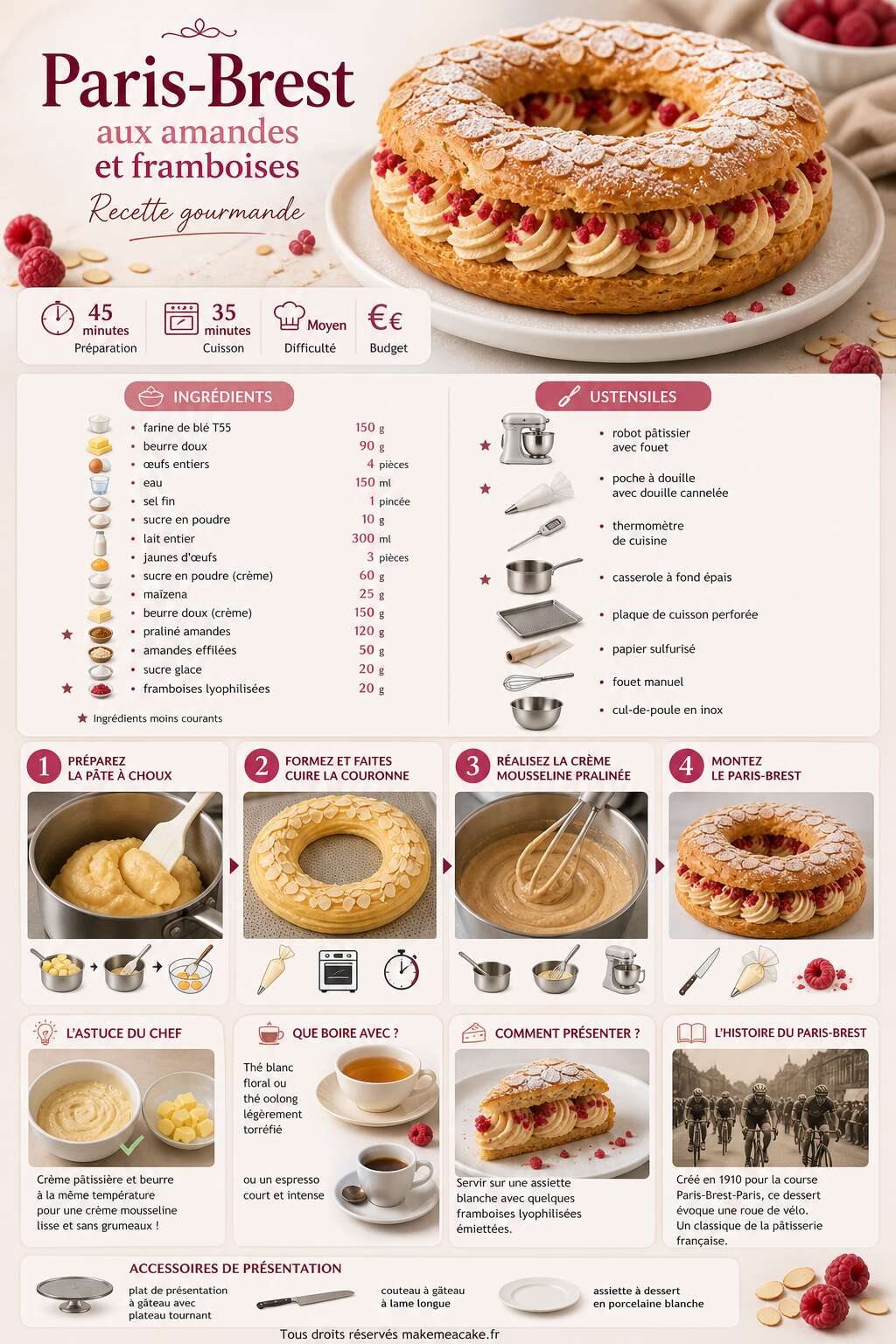 Fiche recette Paris-Brest aux amandes et framboises : recette gourmande Fiche recette Paris-Brest aux amandes et framboises : recette gourmande