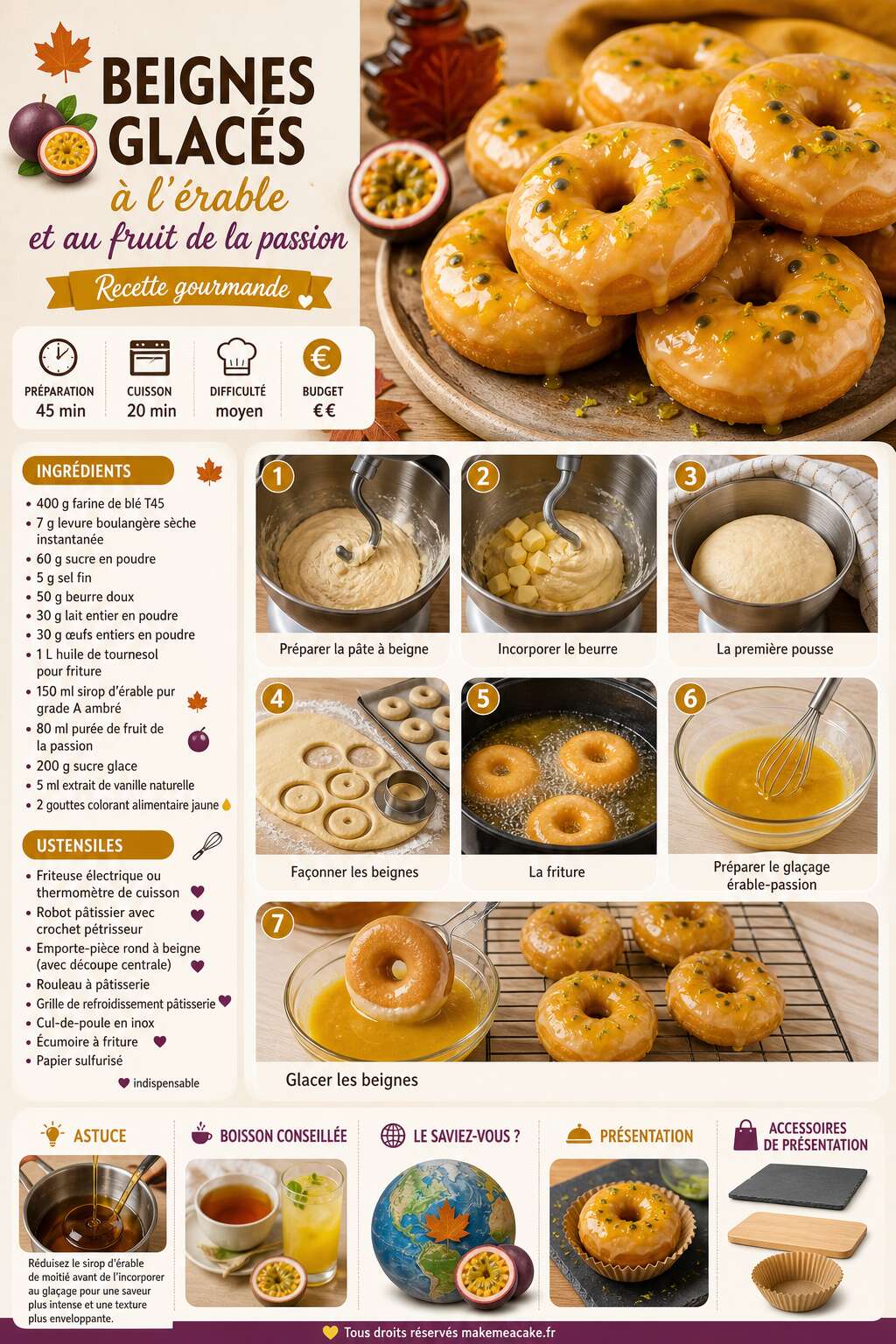 Fiche recette Beignes glacés à l'érable et au fruit de la passion : recette gourmande Fiche recette Beignes glacés à l'érable et au fruit de la passion : recette gourmande