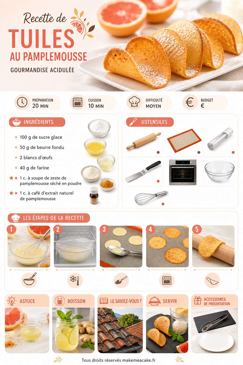 Fiche recette Recette de tuiles au pamplemousse : gourmandise acidulée Fiche recette Recette de tuiles au pamplemousse : gourmandise acidulée