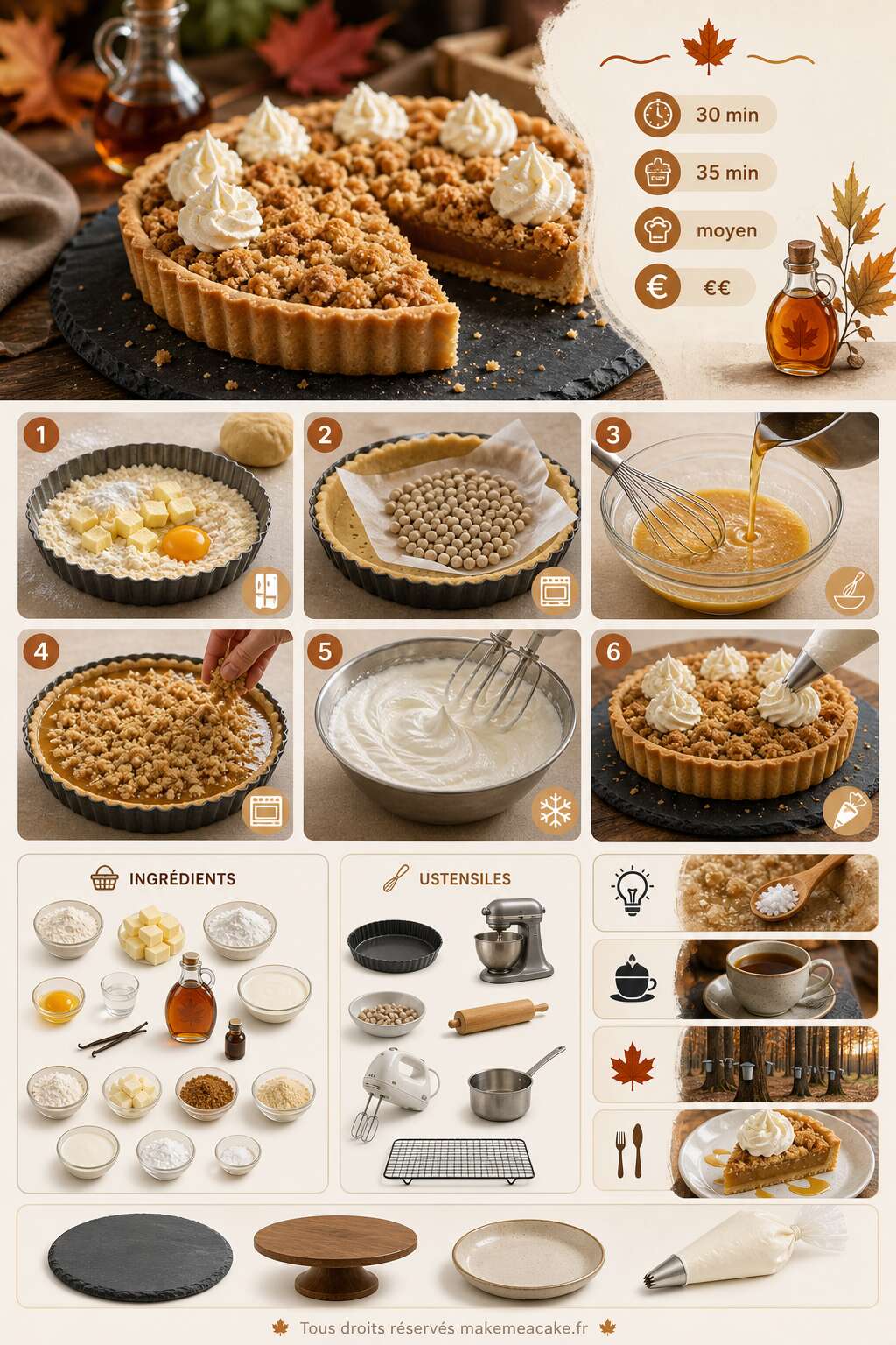 Fiche recette Tarte au sirop d'érable, chantilly et crumble Fiche recette Tarte au sirop d'érable, chantilly et crumble