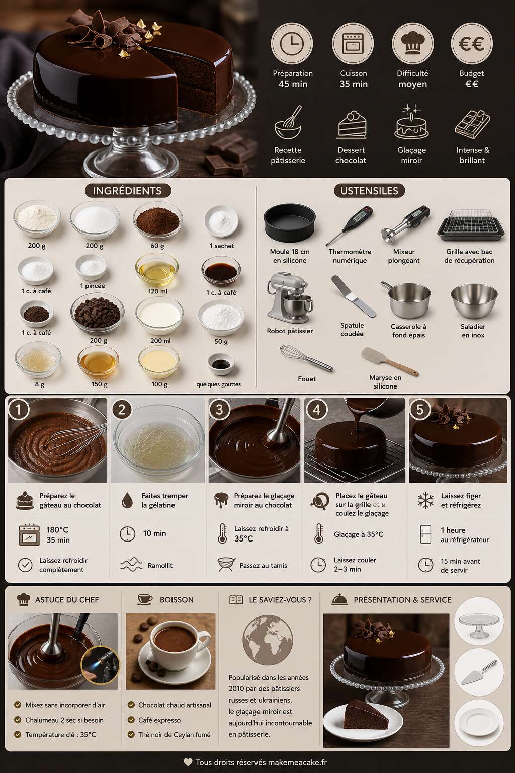 Fiche recette Gâteau au chocolat : recette de glaçage miroir irrésistible Fiche recette Gâteau au chocolat : recette de glaçage miroir irrésistible