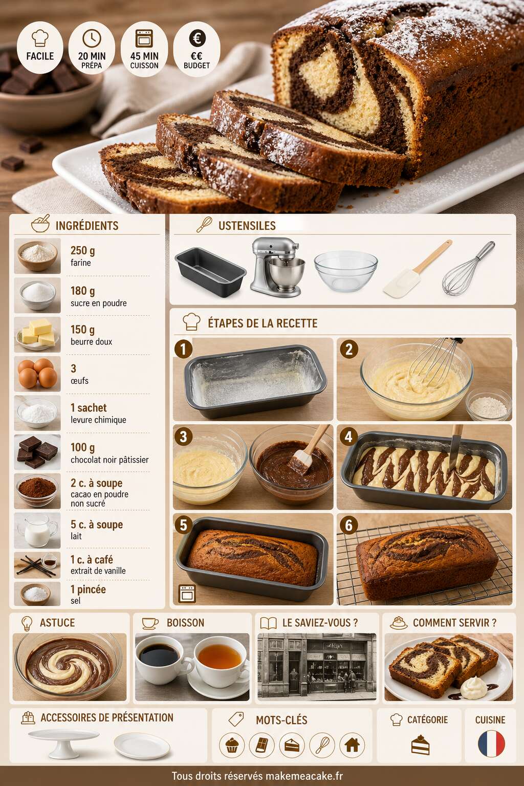 Fiche recette Cake marbré au chocolat : la recette parfaite Fiche recette Cake marbré au chocolat : la recette parfaite