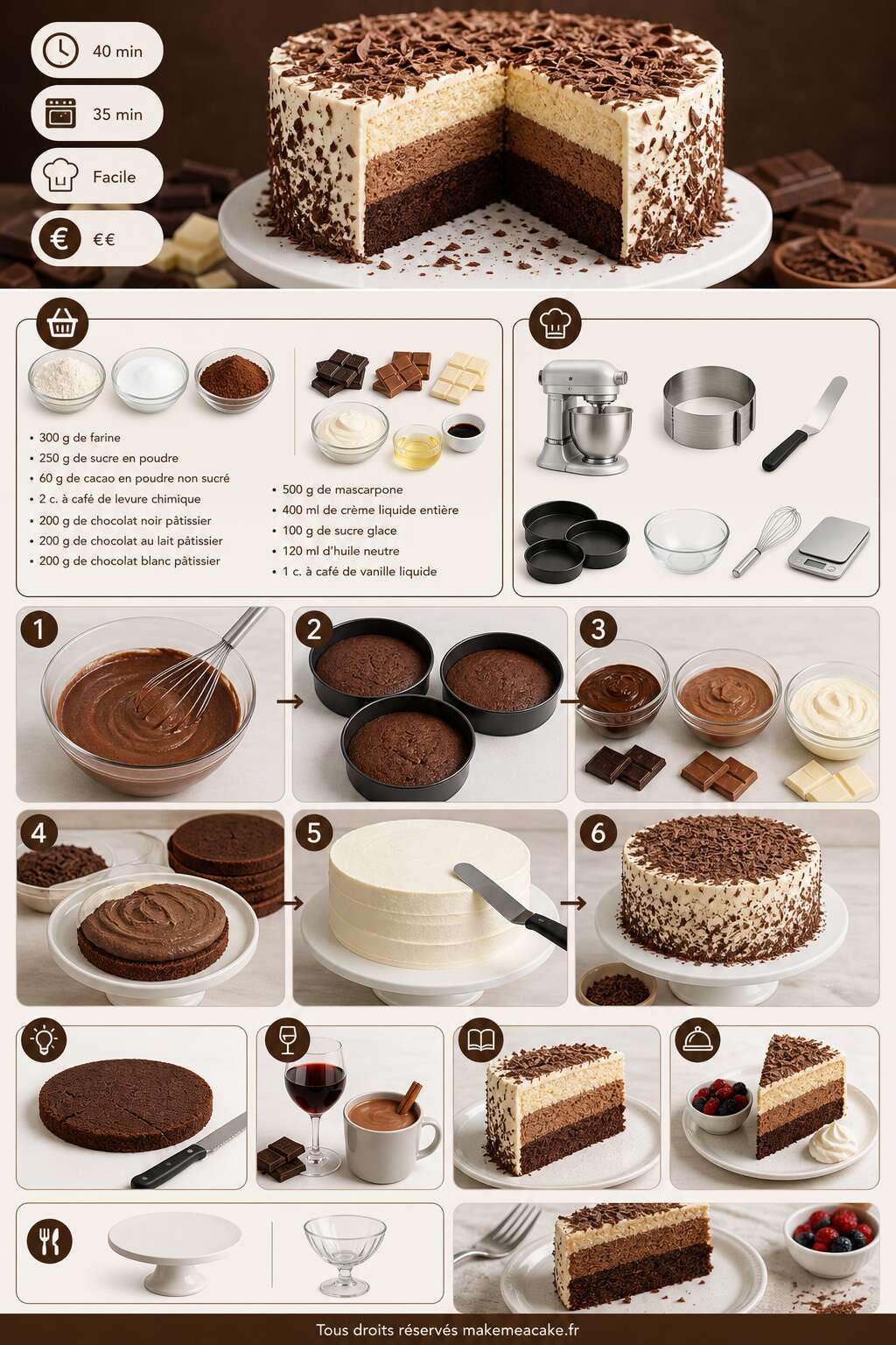 Fiche recette Recette facile : layer cake aux 3 chocolats Fiche recette Recette facile : layer cake aux 3 chocolats