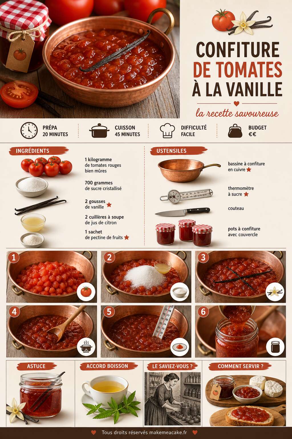 Fiche recette Confiture de tomates &agrave; la vanille : la recette savoureuse