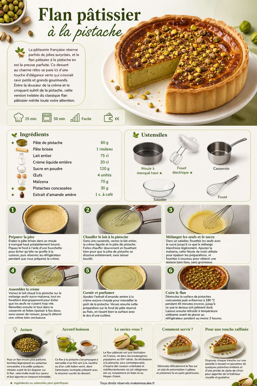 Fiche recette Flan pâtissier à la pistache : recette gourmande et facile Fiche recette Flan pâtissier à la pistache : recette gourmande et facile
