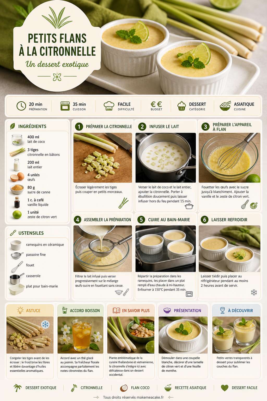 Fiche recette Recette de petits flans à la citronnelle : un dessert exotique Fiche recette Recette de petits flans à la citronnelle : un dessert exotique