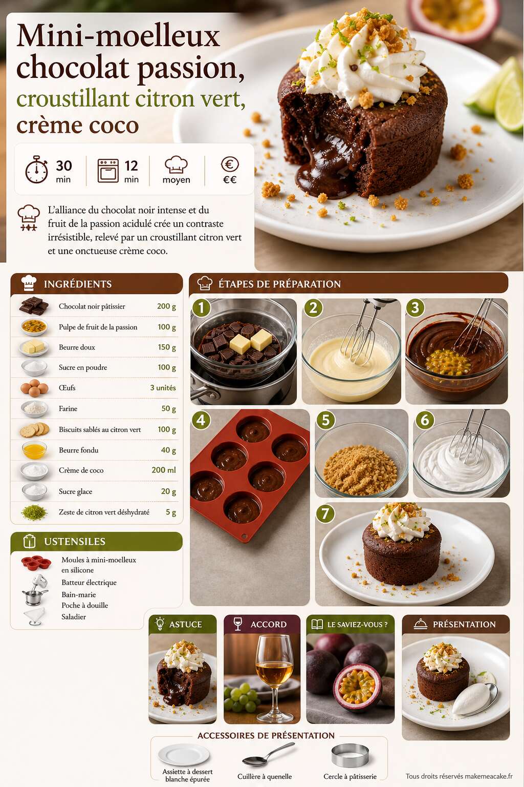 Fiche recette Mini-moelleux chocolat passion, croustillant citron vert, crème coco Fiche recette Mini-moelleux chocolat passion, croustillant citron vert, crème coco