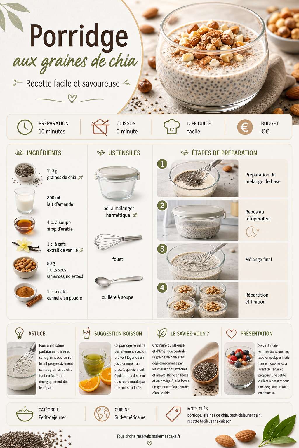 Fiche recette Porridge aux graines de chia : recette facile et savoureuse Fiche recette Porridge aux graines de chia : recette facile et savoureuse