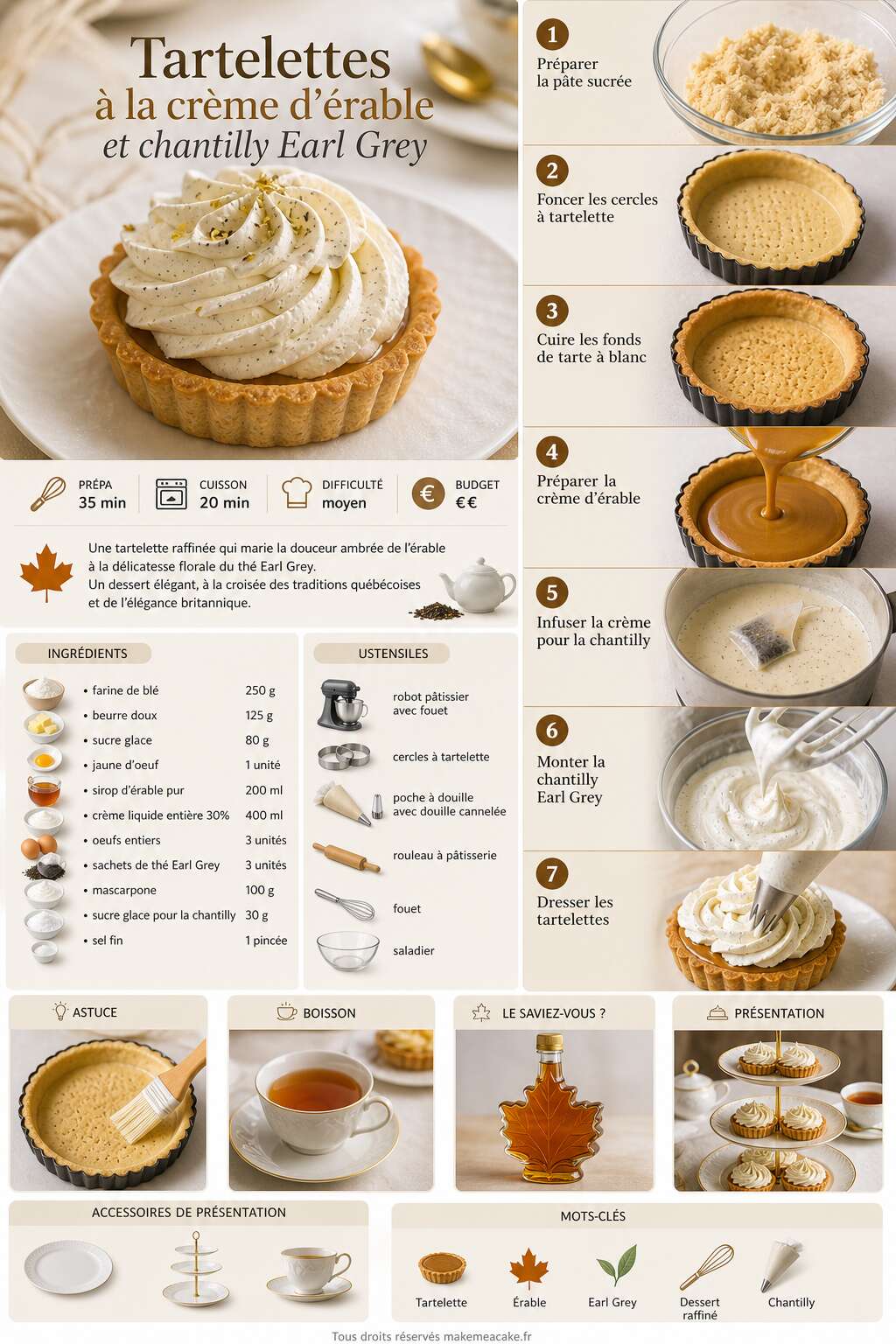 Fiche recette Tartelettes à la crème d'érable et chantilly Earl Grey Fiche recette Tartelettes à la crème d'érable et chantilly Earl Grey