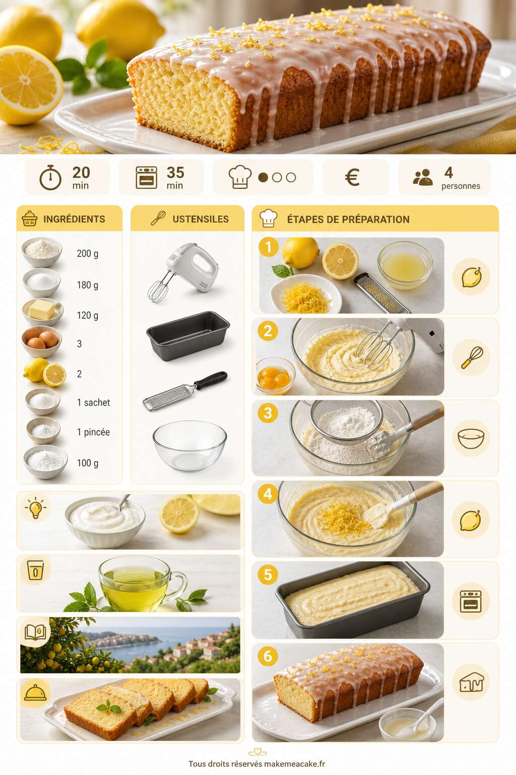 Fiche recette Gâteau au citron à un étage : recette facile et savoureuse Fiche recette Gâteau au citron à un étage : recette facile et savoureuse