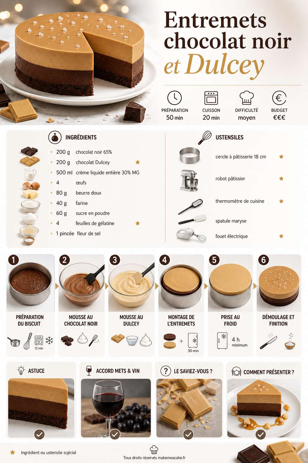 Fiche recette Recette d'entremets au chocolat noir et Dulcey Fiche recette Recette d'entremets au chocolat noir et Dulcey