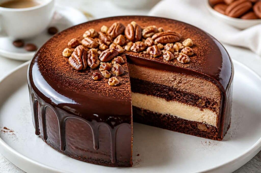Entremets gourmand : chocolat, café et noix de pécan