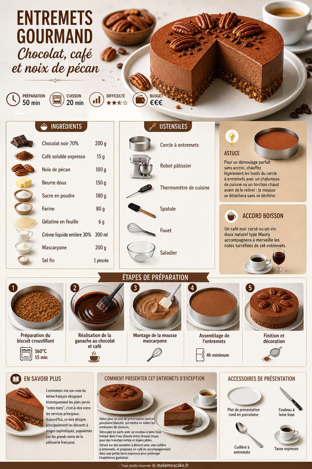 Fiche recette Entremets gourmand : chocolat, café et noix de pécan Fiche recette Entremets gourmand : chocolat, café et noix de pécan