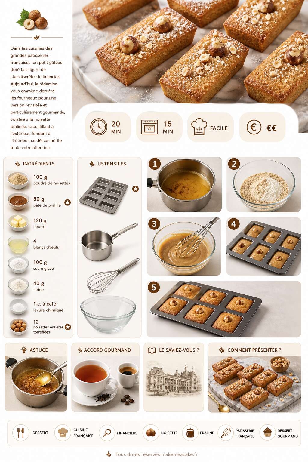 Fiche recette Financiers noisette pralinées : la recette gourmet Fiche recette Financiers noisette pralinées : la recette gourmet