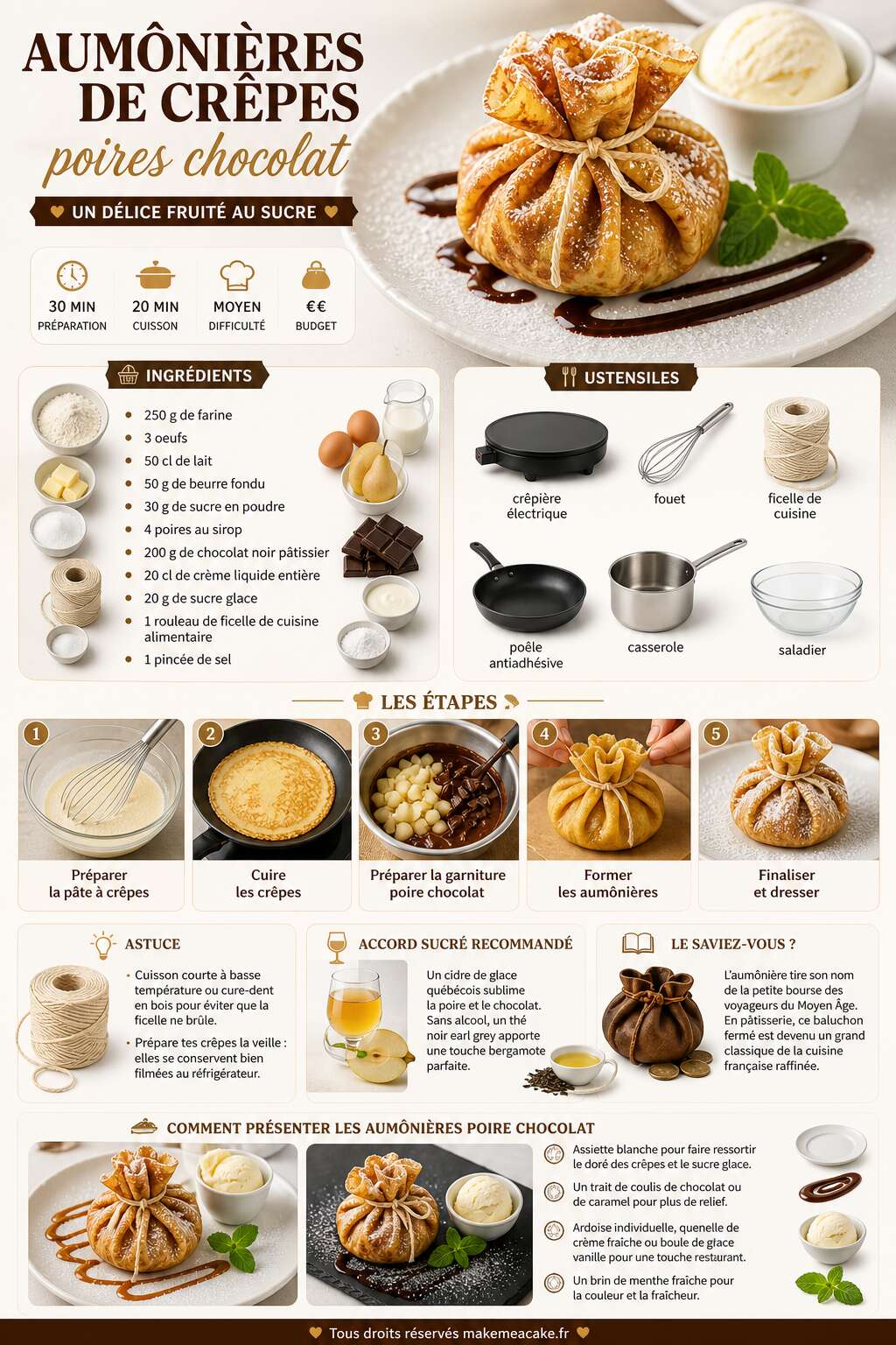 Fiche recette Aumônières de crêpes poires chocolat : un délice fruité au sucre Fiche recette Aumônières de crêpes poires chocolat : un délice fruité au sucre